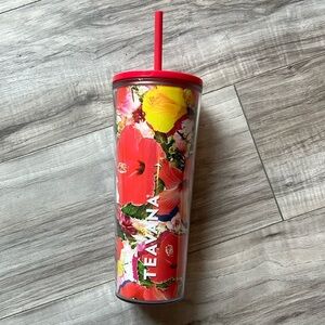Teavana 20 ounce tumbler straw pink floral hibiscus flowers red green cup